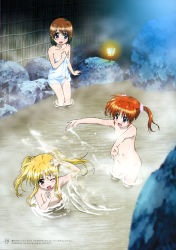 Rule 34 | 3girls, :d, ;d, absurdres, bath, bathing, blonde hair, blush, censored, convenient censoring, fate testarossa, flat chest, highres, lyrical nanoha, mahou shoujo lyrical nanoha, mahou shoujo lyrical nanoha a&#039;s, mahou shoujo lyrical nanoha the movie 2nd a&#039;s, multiple girls, naked towel, navel, nude, official art, one eye closed, onsen, open mouth, smile, splashing, steam, steam censor, takamachi nanoha, towel, twintails, water, wet, white towel, yagami hayate