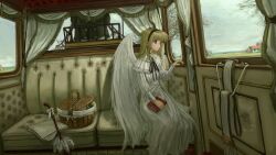 Rule 34 | 1girl, 1other, absurdres, anbiyori, basket, blonde hair, book, brooch, chariot, dress, expressionless, feathered wings, grey eyes, hairband, highres, holding, holding book, jewelry, long hair, looking to the side, neck ribbon, original, ribbon, ringlets, sitting, sky, white dress, white wings, wings