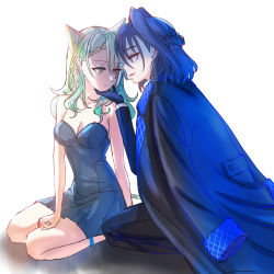 Rule 34 | animal ears, blue eyes, blue hair, braid, cat ears, ceres fauna, dress, formal, gangster, green hair, hair intakes, hair ornament, highres, hololive, hololive english, jacket, long hair, macartura08, mafia, multiple girls, necktie, ouro kronii, short hair, suit, virtual youtuber, yellow eyes