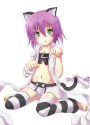 Rule 34 | 1girl, :o, animal ears, barefoot, cat ears, cat tail, coat, crop top, dennryuurai, facial mark, fang, feet, flat chest, goat eyes, green eyes, hat, highres, looking at viewer, merry nightmare, midriff, navel, open mouth, paw pose, purple hair, short hair, simple background, sitting, skirt, solo, striped clothes, striped thighhighs, symbol-shaped pupils, tail, thighhighs, toeless legwear, toes, unworn hat, unworn headwear, wariza, white background, wristband, yumekui merry