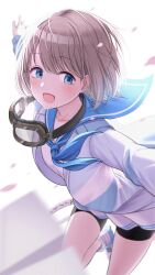 Rule 34 | 1girl, absurdres, backlighting, bike shorts, blue eyes, blue neckerchief, blue sailor collar, blurry, blurry foreground, blush, breasts, collarbone, depth of field, falling petals, goggles, goggles around neck, grey hair, highres, idolmaster, idolmaster shiny colors, jacket, leg up, long sleeves, looking at viewer, neckerchief, open clothes, open jacket, open mouth, osoba susurukun, outstretched arms, paper airplane, petals, sailor collar, serizawa asahi, shirt, shoes, short hair, small breasts, smile, sneakers, solo, standing, standing on one leg, white jacket, white shirt