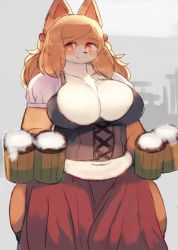 Rule 34 | 1girl, alcohol, beer, beer mug, blush, breasts, brown eyes, brown hair, cleavage, corset, cowboy shot, dog, dress, earrings, furry, furry female, grey background, holding mug, jewelry, kyuuri, large breasts, long hair, looking at viewer, mug, navel, original, plump, red eyes, red skirt, simple background, skindentation, skirt, smile, solo, standing