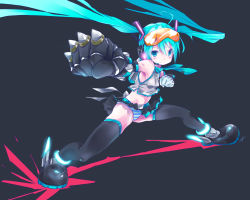 Rule 34 | 1girl, aqua eyes, aqua hair, detached sleeves, fighting stance, full body, gloves, goggles, goggles on head, hatsune miku, headset, kowiru, long hair, looking at viewer, midriff, panties, power fist, simple background, solo, striped clothes, striped panties, thighhighs, twintails, underwear, vocaloid