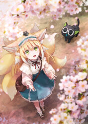 Rule 34 | 1girl, absurdres, animal ear fluff, animal ears, ankle socks, arknights, bag, black cat, blonde hair, blue hairband, blue skirt, bobby socks, brown bag, brown footwear, cardigan, cat, cherry blossoms, chestnut mouth, colored tips, creature on head, cross-laced clothes, cross-laced skirt, cross-laced slit, crossover, e-bushi, fox ears, fox girl, fox tail, frilled hairband, frills, from above, green eyes, hair ornament, hair scrunchie, hairband, heixiu, high-waist skirt, highres, kitsune, kyuubi, long sleeves, luo xiaohei, luo xiaohei zhanji, mary janes, multicolored hair, multiple tails, neck ribbon, official alternate costume, on head, open cardigan, open clothes, open mouth, puffy long sleeves, puffy sleeves, red ribbon, ribbon, round bag, scrunchie, shirt, shoes, shoulder bag, skirt, socks, standing, suzuran (arknights), suzuran (spring praise) (arknights), tail, two-tone hair, white hair, white shirt, white socks, yellow cardigan