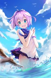 Rule 34 | 1girl, :d, animal, azur lane, bare shoulders, bird, black ribbon, blue skirt, blue sky, blurry, blurry foreground, blush, breasts, camisole, cloud, cloudy sky, day, depth of field, dutch angle, fang, fingernails, green eyes, hair ribbon, hands up, highres, javelin (azur lane), looking away, looking to the side, mobu (wddtfy61), ocean, open mouth, outdoors, own hands together, panties, pink hair, plaid, plaid skirt, pleated skirt, ponytail, ribbon, seagull, short hair, skirt, sky, small breasts, smile, solo, steepled fingers, underwear, wading, water, white camisole, white panties