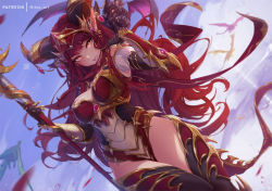 Rule 34 | 1girl, alexstrasza, black gloves, black thighhighs, blush, bra, breasts, claw ring, closed mouth, cowboy shot, dragon, dragon horns, duplicate, dutch angle, elbow gloves, floating hair, gloves, holding, holding staff, horns, large breasts, long hair, looking at viewer, midriff, mitsu (mitsu art), navel, panties, pixel-perfect duplicate, pointy ears, red bra, red hair, red panties, smile, solo, staff, thighhighs, tiara, underwear, v-shaped eyebrows, vambraces, very long hair, warcraft, yellow eyes