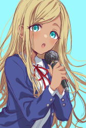 Rule 34 | 1girl, aqua eyes, blonde hair, blue background, blue jacket, blush, breasts, dark-skinned female, dark skin, dot nose, floating hair, hands up, highres, holding, holding microphone, idolmaster, idolmaster cinderella girls, idolmaster cinderella girls starlight stage, jacket, layla (idolmaster), long hair, looking at viewer, microphone, neck ribbon, open clothes, open jacket, open mouth, red ribbon, ribbon, school uniform, shirt, simple background, small breasts, solo, tottoto tomekichi, upper body, white shirt