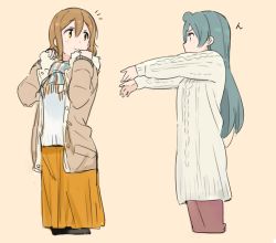 Rule 34 | 10s, 2girls, ^^^, aran sweater, blue hair, brown background, brown coat, brown eyes, brown hair, cable knit, closed mouth, coat, cropped legs, hair bun, kasa list, kunikida hanamaru, long hair, long sleeves, looking at another, looking back, love live!, love live! sunshine!!, multiple girls, open clothes, open coat, outstretched arms, pants, pantyhose, scarf, simple background, single hair bun, sketch, skirt, smile, sweater, tsushima yoshiko, yellow skirt, yuri