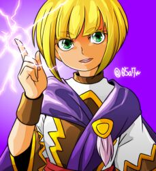 Rule 34 | 05a7w, 1girl, blonde hair, cape, golden sun, green eyes, lightning, looking at viewer, magic, open mouth, sheba (golden sun), short hair, simple background, smile, solo