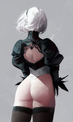 Rule 34 | 1girl, ass, back, back cutout, black dress, black hairband, clothing cutout, cowboy shot, dongho kang, dress, feather-trimmed sleeves, from behind, hairband, leotard, nier (series), nier:automata, no pants, realistic, silver hair, solo, thighhighs, turtleneck, turtleneck dress, white leotard, 2b (nier:automata)