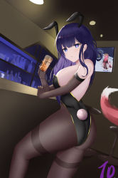 Rule 34 | 1girl, 2girls, absurdres, animal ears, ass, bar (place), bare shoulders, black leotard, black pantyhose, blunt bangs, breasts, chinese commentary, closed mouth, cup, detached sleeves, expressionless, fake animal ears, fake tail, fox girl, genshin impact, gold trim, heart, heart-shaped pupils, highleg, highleg leotard, highres, holding, holding cup, large breasts, legs apart, leotard, long hair, looking at viewer, looking back, multiple girls, nanoda002 (saber427), numbered, pantyhose, playboy bunny, purple hair, rabbit tail, raiden shogun, sideboob, sidelocks, standing, symbol-shaped pupils, tail, thighs, yae miko