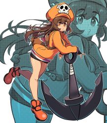 Rule 34 | anchor, bike shorts, cabbie hat, fingerless gloves, gloves, guilty gear, guilty gear strive, hat, hat ornament, highres, holding, holding anchor, hood, hoodie, may (guilty gear), missandydandy, orange footwear, orange hat, orange hoodie, skull and crossbones, skull hat ornament