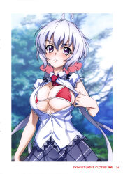 Rule 34 | 1girl, absurdres, ahoge, bikini, bikini under clothes, blush, breasts, cleavage, fujikawa daichi, highres, large breasts, long hair, looking at viewer, low twintails, necktie, one breast out, open clothes, open shirt, red necktie, senki zesshou symphogear, sideboob, skirt, swimsuit, twintails, unbuttoned, unbuttoned shirt, underboob, white hair, yukine chris