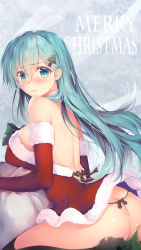 Rule 34 | 10s, 1girl, aqua eyes, aqua hair, arm warmers, artist name, ass, back, bare shoulders, black footwear, black panties, blush, boots, bow, breast rest, breasts, christmas, christmas tree hair ornament, closed mouth, colored eyelashes, dress, embarrassed, frown, fur trim, green bow, hair ornament, hairclip, high heel boots, high heels, highres, kantai collection, large breasts, looking at viewer, merry christmas, obiwan, panties, pink lips, red dress, sack, santa costume, sitting, solo, strapless, strapless dress, suzuya (kancolle), tareme, thigh boots, thighhighs, thong, underwear, upskirt