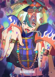 Rule 34 | 1boy, androgynous, bead necklace, beads, blue eyes, chinese clothes, crop top, fangs, flame print, ghost pose, green hair, groin, hair ornament, hat, heterochromia, hitodama, jewelry, jiangshi, long sleeves, looking at viewer, male focus, midriff, mole, mole under eye, multicolored hair, multiple rings, nail polish, necklace, ofuda, open mouth, orange hair, original, qingdai guanmao, red eyes, ring, sleeves past wrists, solo, streaked hair, tongue, tongue out, translation request, white hair, yurian (user utch8788)