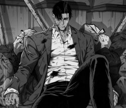 Rule 34 | 1boy, 1thousand9, absurdres, bandaid, bandaid on cheek, bandaid on face, bara, black hair, bleeding, blood, blood on clothes, blood on face, cigarette, feet out of frame, greyscale, highres, holding, holding cigarette, injury, jacket, male focus, monochrome, on ground, open clothes, open jacket, original, pants, shadow, shirt, short hair, sitting, smile, smoke, solo, torn clothes, torn jacket, trash bag