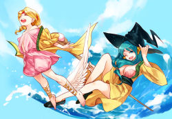 Rule 34 | 2girls, aqua hair, barefoot, blonde hair, bloomers, blue eyes, blue hair, breasts, floating, foot wings, front ponytail, hat, large breasts, long hair, magi the labyrinth of magic, multiple girls, one eye closed, pisti, shell, shell bikini, siruphial, underwear, water, witch hat, yamuraiha