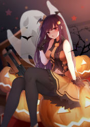 Rule 34 | 1girl, absurdres, bat (animal), bat hair ornament, belt, bipod, black pantyhose, blurry, blurry background, blush, breasts, bullpup, collared shirt, depth of field, food-themed hair ornament, ghost, girls&#039; frontline, gloves, gun, hair ornament, hair ribbon, half updo, halloween, hand up, high heels, highres, jack-o&#039;-lantern, jun.bit, large breasts, long hair, looking at viewer, navel, necktie, official alternate costume, one side up, open mouth, pantyhose, pumpkin hair ornament, purple hair, red eyes, ribbon, rifle, shirt, sitting, skirt, sleeveless, sleeveless shirt, sniper rifle, solo, star (symbol), sweatdrop, very long hair, wa2000 (girls&#039; frontline), wa2000 (haunted castle) (girls&#039; frontline), walther, walther wa 2000, weapon