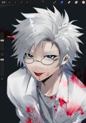 Rule 34 | 1boy, akama1119, art program in frame, blood, blood on clothes, blood on face, blue eyes, chinese commentary, commentary request, glasses, grey shirt, highres, kanou aogu, lab coat, male focus, open clothes, procreate (medium), procreate (software), round eyewear, saibou shinkyoku, shirt, short hair, solo, tongue, tongue out, white hair