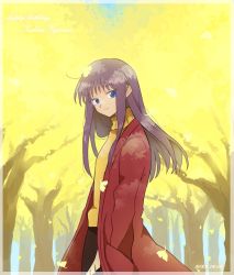 Rule 34 | 1girl, autumn, autumn leaves, birthday, blue eyes, dated, fujiwara zakuro, hands in pockets, happy birthday, hs1122, jacket, long coat, long hair, looking at viewer, outdoors, purple hair, red jacket, smile, solo, sweater, tokyo mew mew, tree, turtleneck, yellow sweater