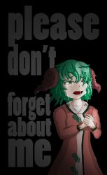 Rule 34 | 1girl, animal ears, bad id, bad pixiv id, crying, crying with eyes open, dog ears, dress, english text, green eyes, green hair, own hands clasped, highres, kasodani kyouko, open mouth, own hands together, pink dress, solo, sweetcoolcolors, tears, text focus, touhou