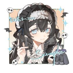 1girl bat_wings black_hair black_headdress black_wings blue_eyes border bow bowtie closed_mouth drill_hair eyelashes hair_between_eyes hair_intakes hair_ornament hairpin headdress highres holding holding_scissors long_hair looking_at_viewer original outside_border portrait scissors skull solo sparkle square tuni_(weibo_5659389536) white_border white_bow white_bowtie wings