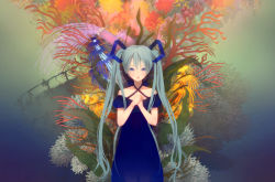 Rule 34 | 1girl, bare shoulders, coral, dress, female focus, gradient background, hatsune miku, highres, ixima, long hair, open mouth, plant, solo, twintails, very long hair, vocaloid