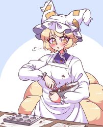 Rule 34 | 1girl, blonde hair, blush, bowl, breasts, chocolate, fox girl, fox tail, holding, holding bowl, large breasts, littlecloudie, long sleeves, mixing bowl, parted lips, short hair, solo, tail, touhou, white headwear, yakumo ran, yellow eyes