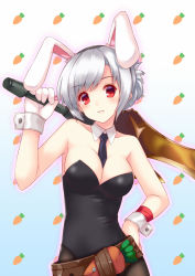 Rule 34 | 1girl, animal ears, bare shoulders, battle bunny riven, between breasts, breasts, carrot, cleavage, fake animal ears, gloves, hand on own hip, koge niku (kogeniku-203812), league of legends, md5 mismatch, necktie, necktie between breasts, pantyhose, playboy bunny, rabbit ears, red eyes, riven (league of legends), short hair, silver hair, single glove, smile, solo, sword, weapon, white gloves
