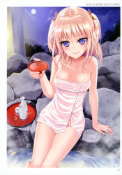 Rule 34 | 1girl, 40010prototype, absurdres, alcohol, areola slip, armpits, bare arms, bare shoulders, bath, blonde hair, blue eyes, blush, breasts, choko (cup), cup, drinking glass, hair ribbon, highres, holding, holding cup, holding drinking glass, legs together, lips, looking at viewer, moon, moonlight, mountain, naked towel, night, night sky, onsen, pectorals, ribbon, rock, sakazuki, short twintails, sitting, sky, smile, solo, sweatdrop, thighhighs, tokkuri, toranoana, towel, twintails
