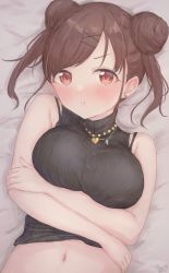 Rule 34 | :i, arms under breasts, bed sheet, black bra, black sweater, blush, bra, breasts, brown hair, crossed arms, double bun, earrings, gameso, hair bun, heart, heart earrings, highres, idolmaster, idolmaster shiny colors, jewelry, large breasts, looking at viewer, lying, midriff, navel, on back, pout, ribbed sweater, sleeveless, sleeveless turtleneck, sonoda chiyoko, sweater, turtleneck, twintails, underwear, upper body, v-shaped eyebrows