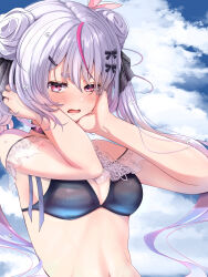 1girl bikini black_bikini blue_sky blush bow breasts choker cloud double_bun embarrassed gradient_hair grey_hair hair_bow hair_bun hair_ornament hairclip hand_on_own_cheek hand_on_own_face hatogayar highres lace_sleeves long_hair looking_at_viewer medium_breasts multicolored_hair navel off-shoulder_bikini off_shoulder open_mouth pink_hair purple_choker purple_eyes purple_hair see-through_clothes see-through_sleeves short_eyebrows sky solo stomach streaked_hair swimsuit tosaki_mimi tosaki_mimi_(vspo!_summer_2024) upper_body very_long_hair virtual_youtuber vspo!