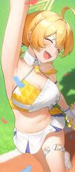 Rule 34 | 1girl, :d, ^ ^, absurdres, arm up, armpits, bare shoulders, blonde hair, blue archive, breasts, cheerleader, cleavage, closed eyes, commentary request, crop top, head tilt, highres, kotori (blue archive), large breasts, midriff, miniskirt, navel, open mouth, pom pom (cheerleading), reiji-rj, short hair, skirt, smile, solo, stomach, thighs, white skirt