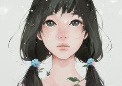 Rule 34 | 1girl, black eyes, black hair, close-up, female focus, lips, low twintails, nose, plant, portrait, simple background, snow, solo, tae, twintails, upper body, white background