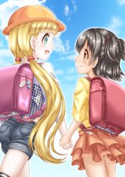 Rule 34 | :d, akagi miria, backpack, bag, black hair, black shorts, blonde hair, blue sky, blush, brown eyes, brown skirt, closed mouth, cloud, cloudy sky, commentary request, day, denim, denim shorts, eye contact, green eyes, hat, highres, holding hands, idolmaster, idolmaster cinderella girls, layered skirt, long hair, looking at another, low twintails, mary cochran, open mouth, outdoors, plaid, plaid shirt, pleated skirt, profile, randoseru, regular mow, school hat, shirt, short shorts, short sleeves, shorts, skirt, sky, smile, striped clothes, striped legwear, striped thighhighs, thighhighs, twintails, two side up, very long hair, white shirt, yellow headwear, yellow shirt