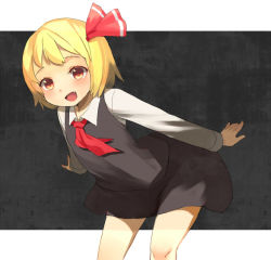 Rule 34 | 1girl, :d, arched back, atage, blonde hair, blush, fang, female focus, gomibox2021, hair ornament, long sleeves, open mouth, outstretched arms, ribbon, rumia, short hair, skirt, smile, solo, touhou, vest