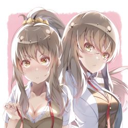Rule 34 | 10s, 2girls, akausuko, beige vest, blush, breasts, brown hair, cleavage, closed mouth, collarbone, collared shirt, facing viewer, futaba rio, glasses, hair between eyes, high ponytail, highres, lab coat, large breasts, long hair, long sleeves, looking at viewer, multiple girls, necktie, open clothes, parted lips, pink background, ponytail, red neckwear, seishun buta yarou, shirt, short sleeves, sidelocks, unbuttoned, unbuttoned shirt, wavy hair, yellow eyes