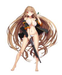Rule 34 | 1girl, absurdly long hair, bad id, bad twitter id, bare legs, bare shoulders, barefoot, bikini, blush, breast lift, breasts, brown hair, cleavage, collarbone, floating hair, girls&#039; frontline, groin, gun, hair between eyes, holding, holding gun, holding weapon, ithaca m37, jacket, large breasts, long hair, looking away, lowleg, lowleg bikini, m37 (girls&#039; frontline), m37 (summer parader) (girls&#039; frontline), navel, off shoulder, official alternate costume, open clothes, open jacket, orange eyes, pump action, shiny skin, shotgun, shotgun shell, sidelocks, simple background, solo, standing, swimsuit, thighs, trigger discipline, very long hair, vikpie, weapon, white background, white bikini, wind, wind lift