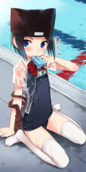 Rule 34 | 1girl, animal hat, black hair, blue eyes, blush, flat chest, food, hat, kasukabe akira, kawazue akira, mouth hold, name tag, no pants, no shoes, one-piece swimsuit, open clothes, open shirt, p2! let&#039;s play pingpong, pool, popsicle, school swimsuit, shirt, short hair, sitting, solo, swimsuit, swimsuit under clothes, thighhighs, wariza, water, wet, wet clothes, white thighhighs