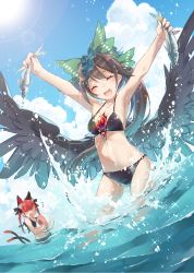 Rule 34 | 2girls, animal ears, armpits, arms up, bad id, bad pixiv id, ball, beachball, bikini, bird wings, black bikini, black bow, black wings, blue sky, bow, braid, breasts, brown hair, cat ears, cat tail, cleavage, cloud, cloudy sky, commentary request, day, feathered wings, fish, green bow, halterneck, halterneck, highres, holding, holding ball, kaenbyou rin, long hair, medium breasts, multiple girls, navel, o-ring, o-ring bikini, o-ring bottom, ocean, open mouth, outdoors, outstretched arms, pointy ears, red hair, reiuji utsuho, sky, smile, sparkle, stomach, summer, swimsuit, tail, tattoo, third eye, touhou, toutenkou, twin braids, wading, water, wet, wet hair, wings