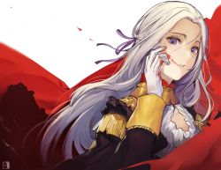 Rule 34 | 1girl, blood, blood on face, cape, commentary, ascot, edelgard von hresvelg, english commentary, epaulettes, fire emblem, fire emblem: three houses, gloves, high collar, highres, long hair, looking at viewer, looking to the side, military, military uniform, nintendo, parted lips, purple eyes, purple ribbon, red cape, ribbon, silver hair, uniform, velahka, white gloves