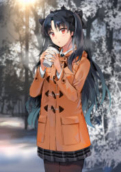 Rule 34 | 1girl, black hair, black pantyhose, blush, breath, brown pantyhose, coat, cowboy shot, crown, cup, duffel coat, fate/grand order, fate (series), forest, ice (ice aptx), ishtar (fate), long hair, looking at viewer, nature, outdoors, pantyhose, pleated skirt, red eyes, skirt, snow, solo, standing, winter clothes, winter coat
