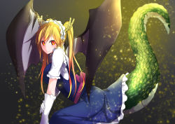 Rule 34 | 10s, 1girl, absurdres, bad id, bad pixiv id, blonde hair, breasts, cosmicsnic, dragon girl, dragon horns, dragon tail, dragon wings, dress, gloves, highres, horns, kobayashi-san chi no maidragon, large breasts, large tail, long hair, looking at viewer, maid, maid headdress, monster girl, red eyes, sash, slit pupils, smile, solo, tail, tohru (maidragon), twintails, white gloves, wings