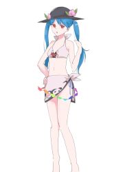 Rule 34 | 1girl, adapted costume, alternate hairstyle, bikini, black headwear, blue hair, food, fruit, full body, hand in own hair, hand on own hip, highres, hinanawi tenshi, leaf, long hair, looking at viewer, navel, one-hour drawing challenge, open mouth, peach, red eyes, simple background, solo, swimsuit, tohoyuukarin, touhou, twintails, white background, white bikini