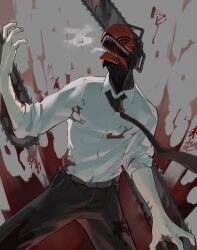 Rule 34 | 1boy, bad id, bad twitter id, black necktie, blood, blood on clothes, blood on face, blood splatter, chainsaw, chainsaw man, collared shirt, denji (chainsaw man), facing up, floating neckwear, grey background, highres, hybrid, necktie, open mouth, riu lico, sharp teeth, shirt, shirt tucked in, simple background, sleeves rolled up, solo, teeth, white shirt