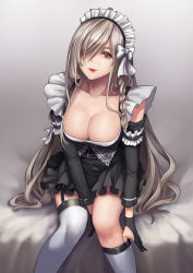 Rule 34 | 1girl, absurdres, alternate costume, bad id, bad pixiv id, black dress, black gloves, bow, braid, breasts, cleavage, commentary request, detached sleeves, dress, eyelashes, feet out of frame, frilled dress, frills, g36c (girls&#039; frontline), garter straps, girls&#039; frontline, gloves, grey background, grey thighhighs, hair between eyes, hair bow, hair over one eye, highres, kibellin, korean commentary, large breasts, long hair, long sleeves, looking at viewer, maid, maid headdress, red eyes, red lips, removing legwear, side braid, sidelocks, silver hair, simple background, sitting, solo, thighhighs, white bow