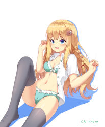 Rule 34 | 1girl, :3, bad id, bad pixiv id, black thighhighs, blonde hair, blue eyes, blush, bow, bow bra, bow panties, bra, braid, breasts, cat hair ornament, cleavage, clenched hands, commentary, crotch seam, dated, dress shirt, fang, green bra, green panties, hair ornament, highres, kemo (pokka), leg up, light blush, long hair, looking at viewer, lying, medium breasts, navel, no pants, on back, open clothes, open mouth, open shirt, original, panties, shadow, shirt, short sleeves, signature, simple background, smile, solo, symbol-only commentary, thighhighs, underwear, w arms, white background, white shirt