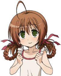 1girl ahoge bad_source braid braided_hair_rings brown_hair clenched_hands closed_mouth collarbone commentary_request flat_chest green_eyes hair_between_eyes hair_ribbon hair_rings hands_up iwanaga_shouko long_hair lowres maso_(ascii_art) red_ribbon ribbon simple_background smile solo tasogare_no_sinsemilla upper_body white_background