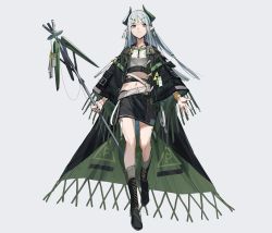 Rule 34 | 1girl, absurdres, black footwear, black jacket, black skirt, boots, cape, chinese commentary, coat, commentary request, crop top, cross-laced footwear, earrings, full body, green horns, grey background, grey hair, highres, horns, jacket, jewelry, long hair, navel, open clothes, open coat, parted bangs, pixiv fantasia, pixiv fantasia mountain of heaven, pointy ears, skirt, solo, yellow eyes, zhili xingzou