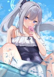 Rule 34 | 1girl, blue archive, grey hair, halo, highres, looking at viewer, miyako (blue archive), miyako (swimsuit) (blue archive), nosuke tmg, official alternate costume, official alternate hairstyle, ponytail, purple eyes, solo, thighs